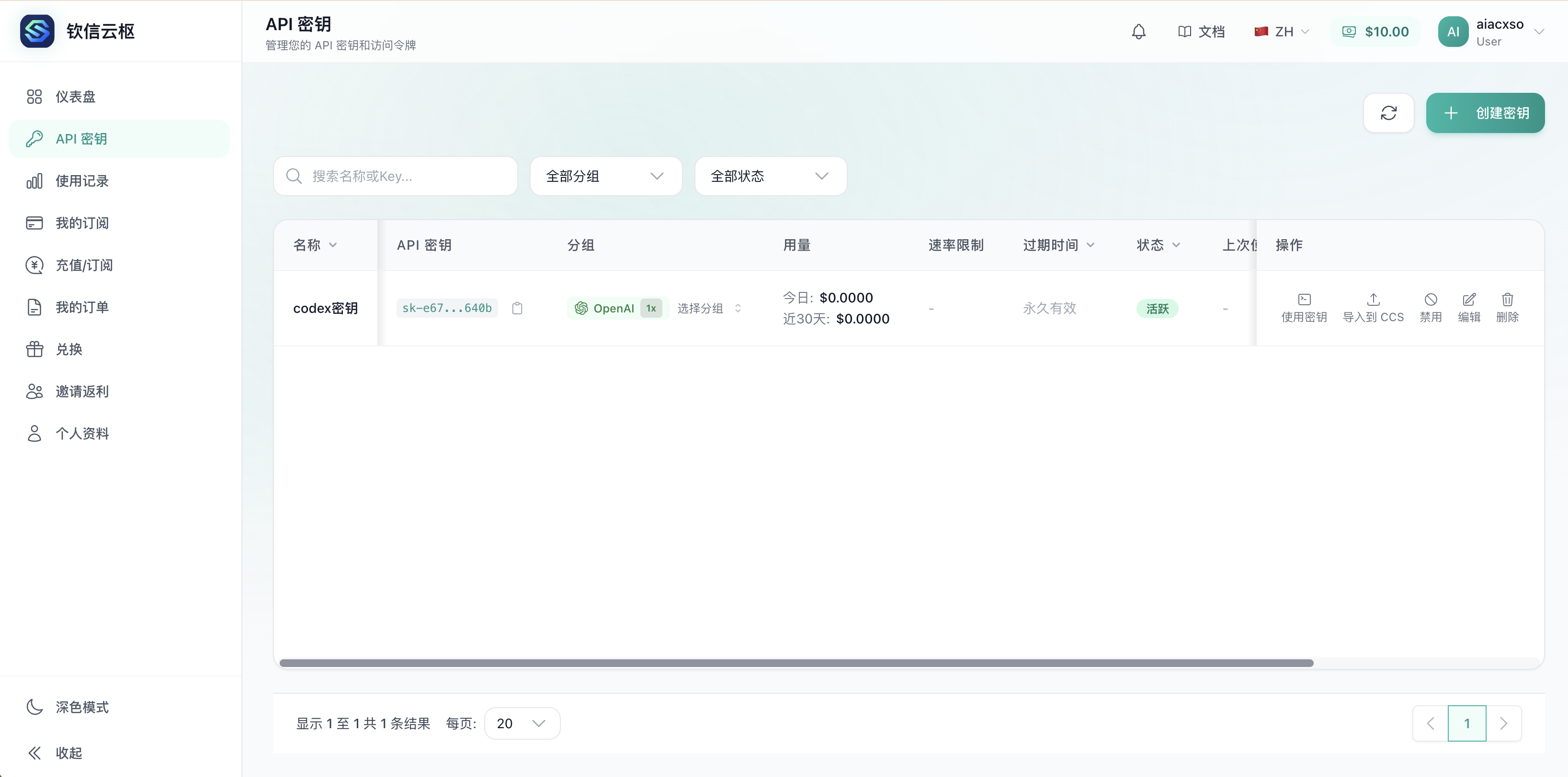 API 密钥列表中已有 codex 密钥并显示复制按钮的截图